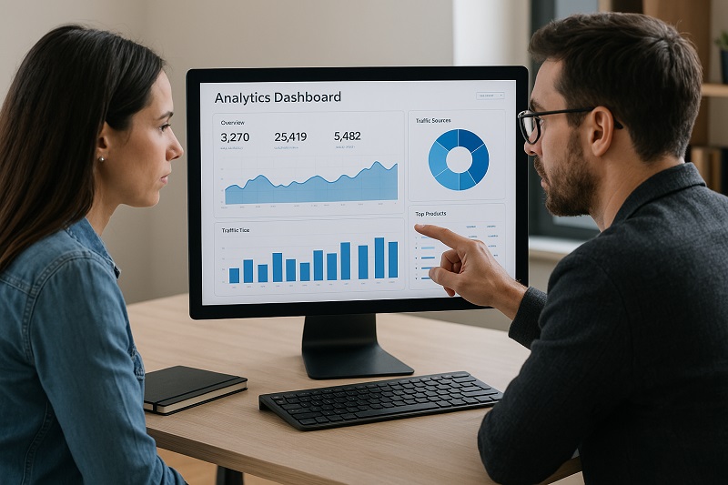 a man and a woman viewing Analytics Dashboard 800px